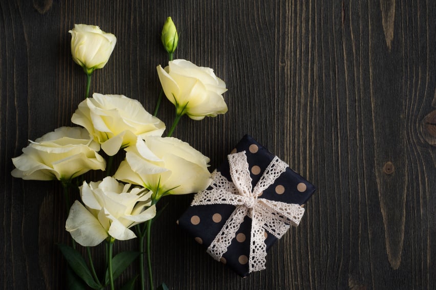 Yellow lisianthus flowers and gift box